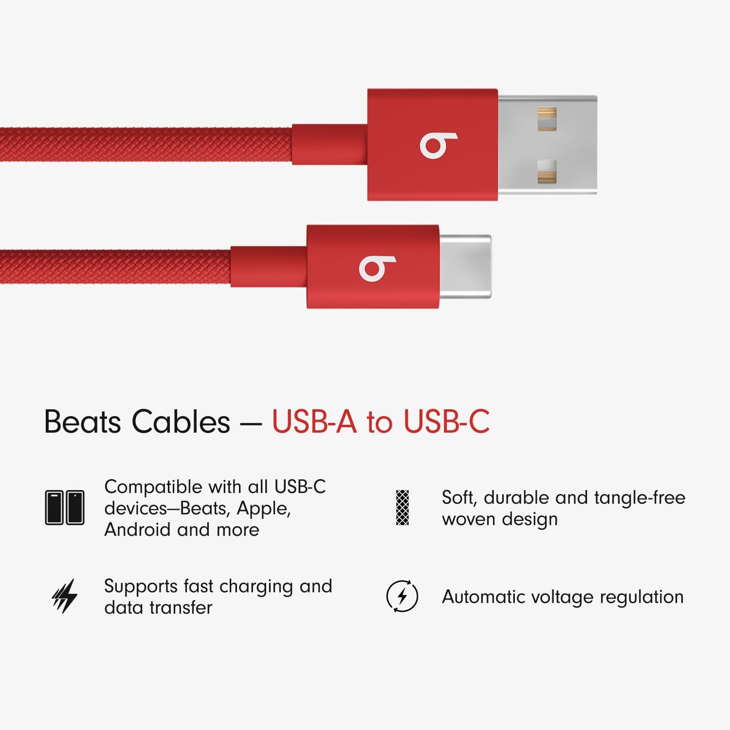 Beats USB-A to USB-C Woven Cable Fast Charging Durable and Tangle-Free Design Compatible Charger for Apple & Android Devices (1.5 m, 5 ft) - Rapid Red - AOP3D tech