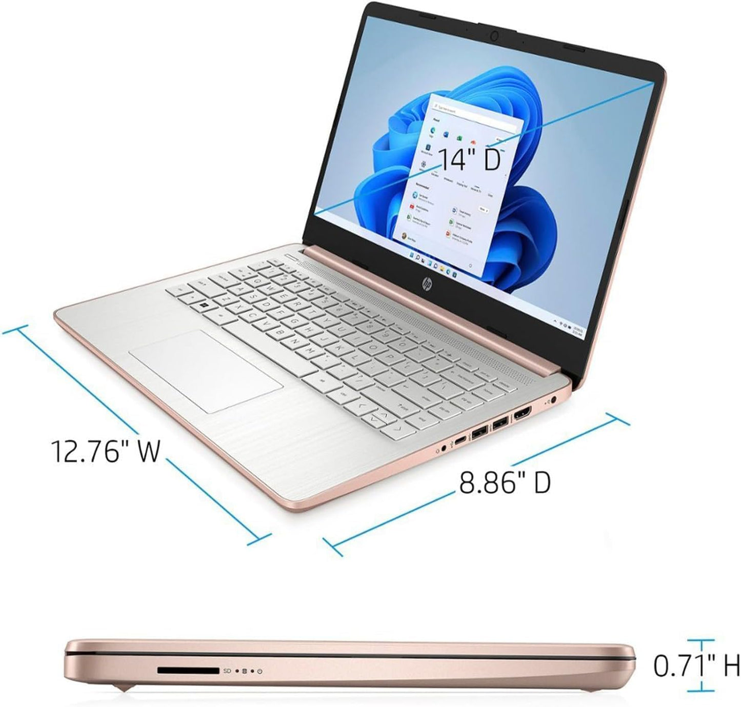 HP Essential Laptop, 14" HD Display, Intel Celeron N4120, 16GB RAM, 64GB eMMC, Webcam, HDMI, Wi-Fi, RJ-45, 1 Year Office 365, Windows 11 Home, Rose Gold - AOP3D tech