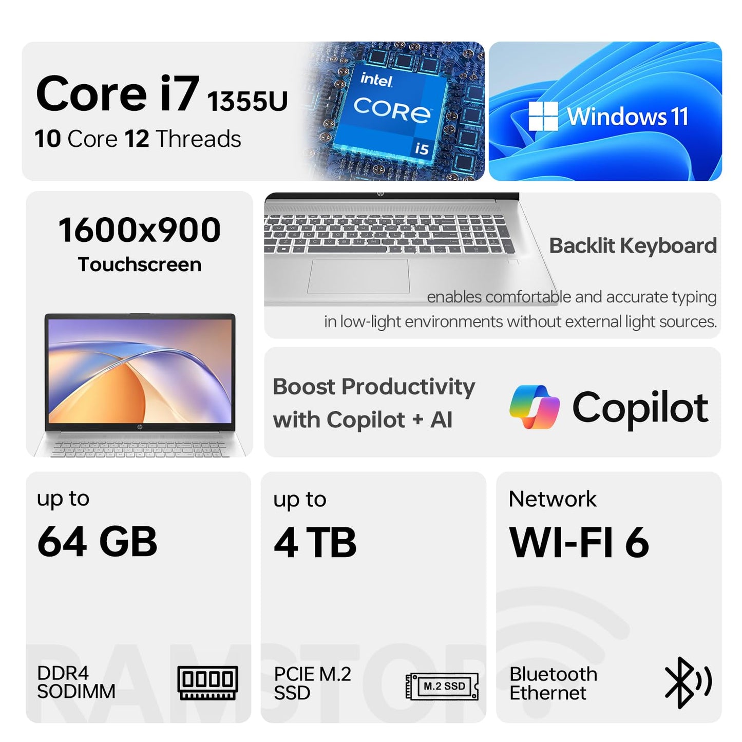 HP 2023 Latest Essential Laptop, 17.3" HD+ Touchscreen, 13th Gen Intel Core i7-1355U, 32GB RAM, 1TB PCIe SSD, Webcam, Backlit KB, FP Reader, Wi-Fi 6, Windows 11 Home - AOP3D tech