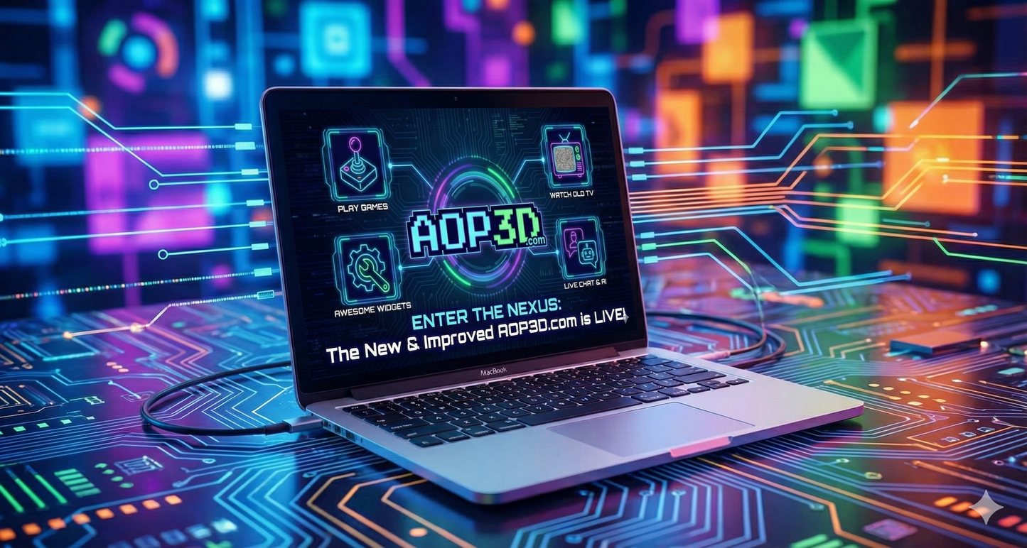 A laptop displays the AOP3DE website, featuring neon graphics and circuit patterns while promoting its relaunch with the absolute hottest tech and best deals in a vibrant digital setting.
