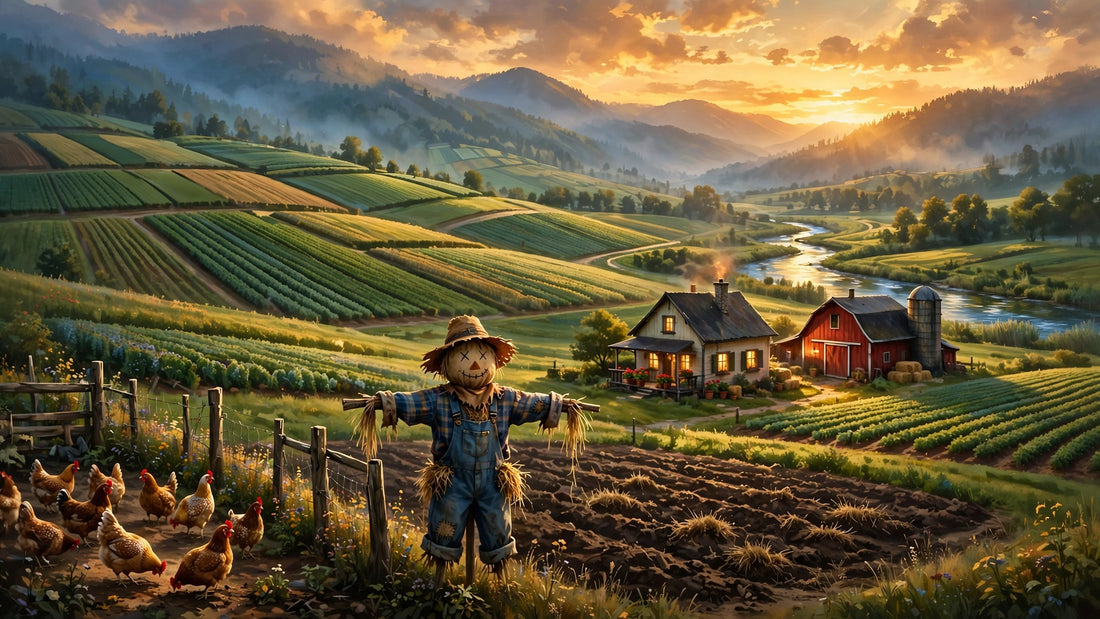 Original cozy farm-valley illustration at golden hour — rolling crop fields, farmhouse and red barn, a scarecrow in a tilled patch, chickens in a fenced yard, misty mountains and a winding river beyond