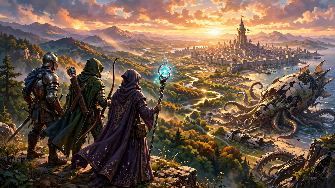 Original illustration of an adventuring party overlooking a fantasy city and a crashed tentacled airship, inspired by Baldur's Gate 3