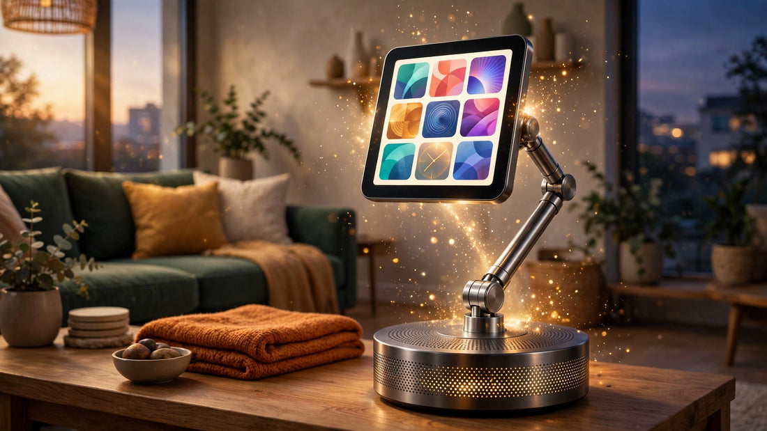 Illustration of a futuristic smart home hub with square display on a speaker base in a cozy living room