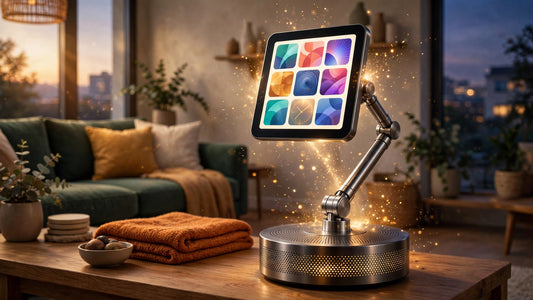 Illustration of a futuristic smart home hub with square display on a speaker base in a cozy living room