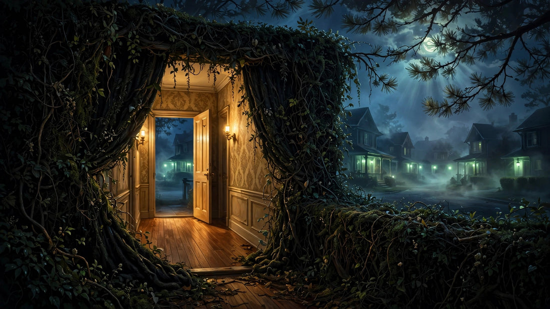 An ancient hedge parting to reveal a warm-lit hallway on a moonlit street