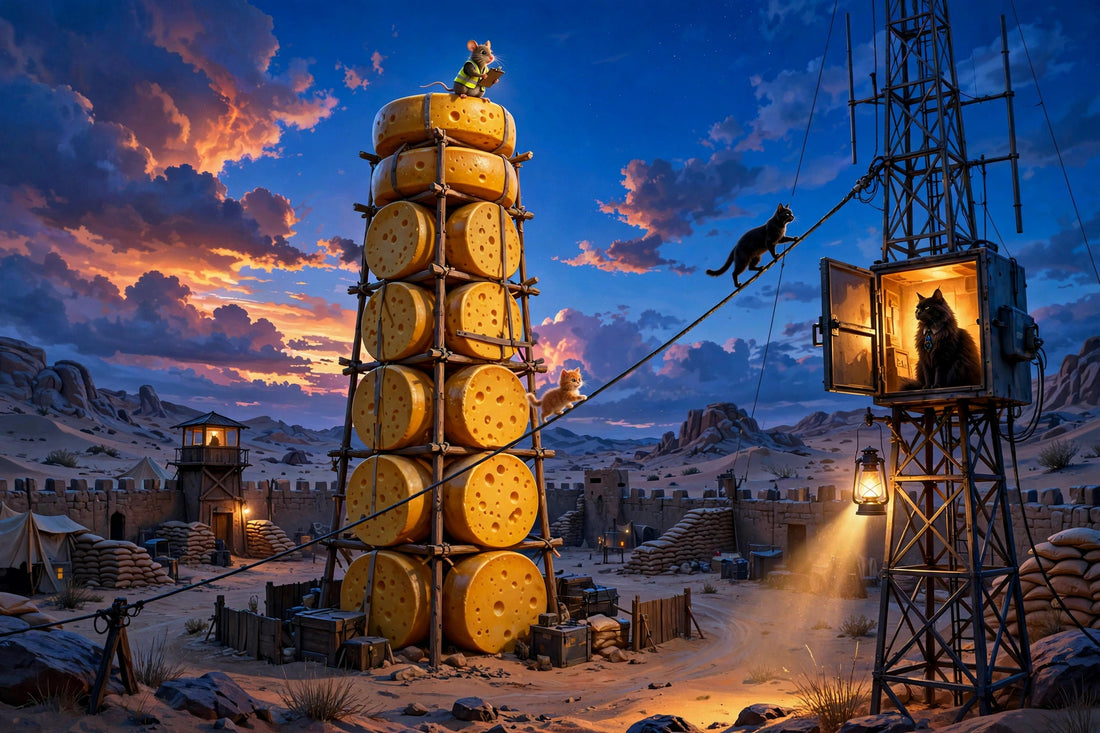 Cheese tower at dusk with a mouse auditor in a hi-vis vest on top, a Maine Coon in the radio mast equipment room, and two cats on the guide-wire