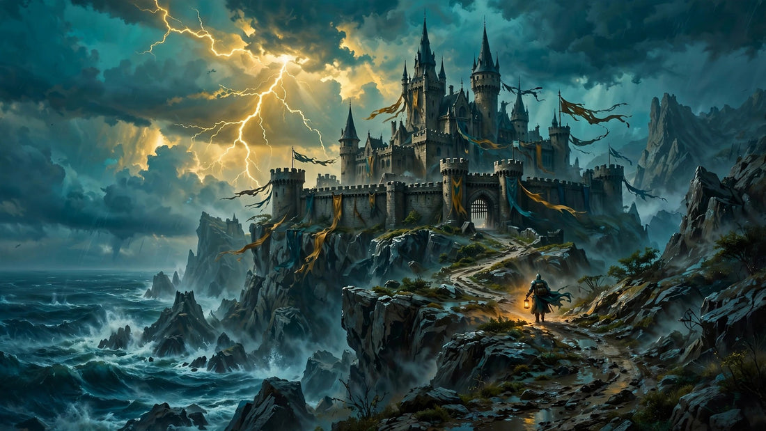 Storm-shrouded castle on seaside cliffs under lightning, a lone traveler with a lantern on the winding path