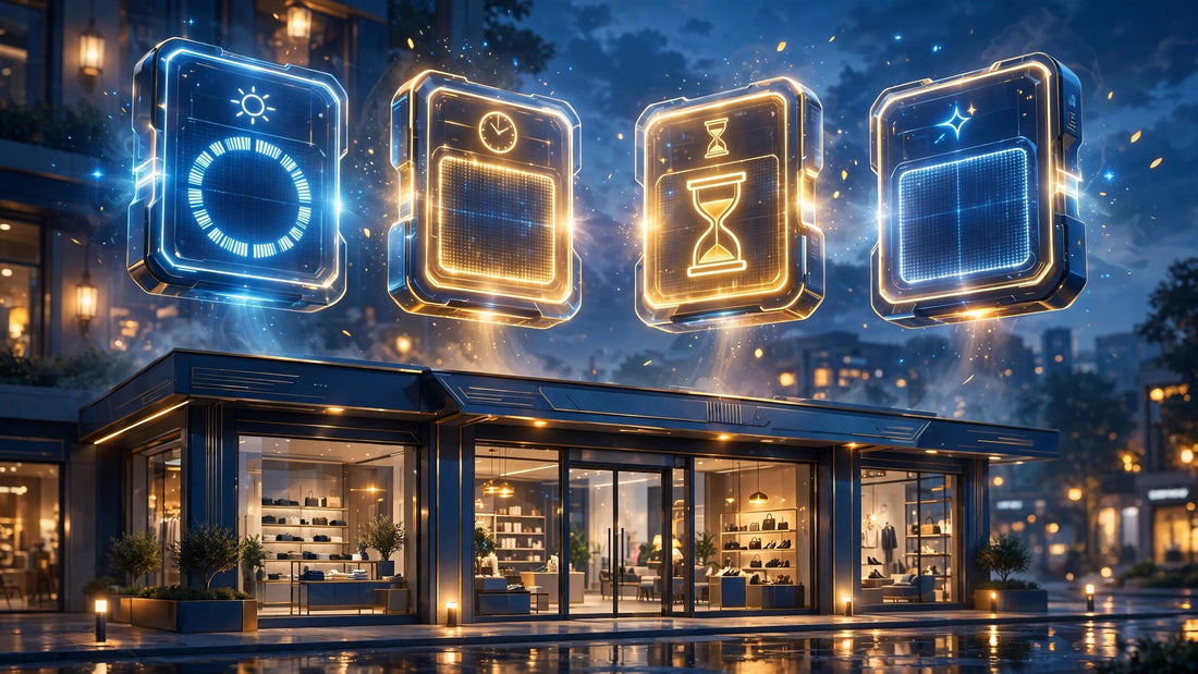 Glowing countdown timer blocks over a dusk storefront