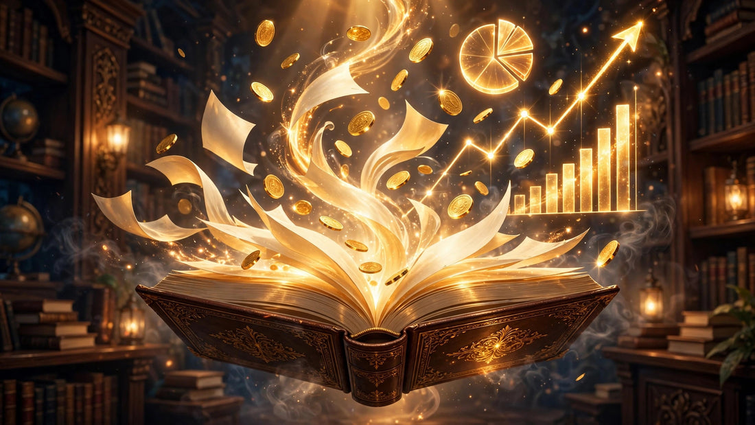 Open book with glowing flipping pages, coins and charts rising