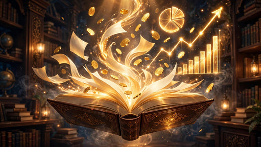 Open book with glowing flipping pages, coins and charts rising