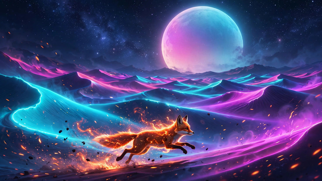 Ember fox sprinting across neon dunes under a gradient moon