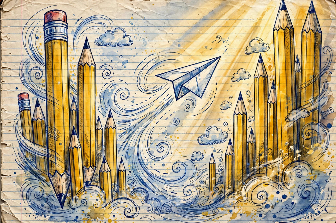 Paper plane doodle soaring over notebook paper between pencils