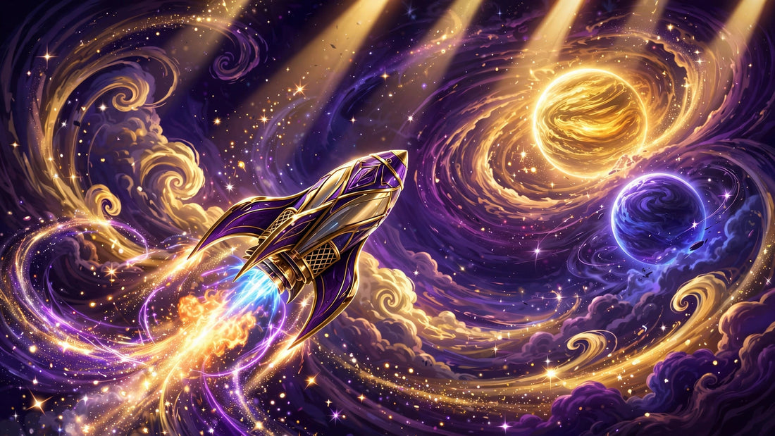 Rocket bursting through a starfield toward glowing planets