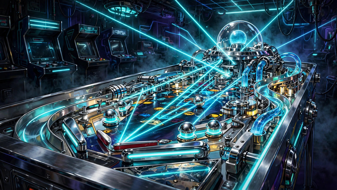Retro-futuristic pinball table with cyan lasers in a dark arcade