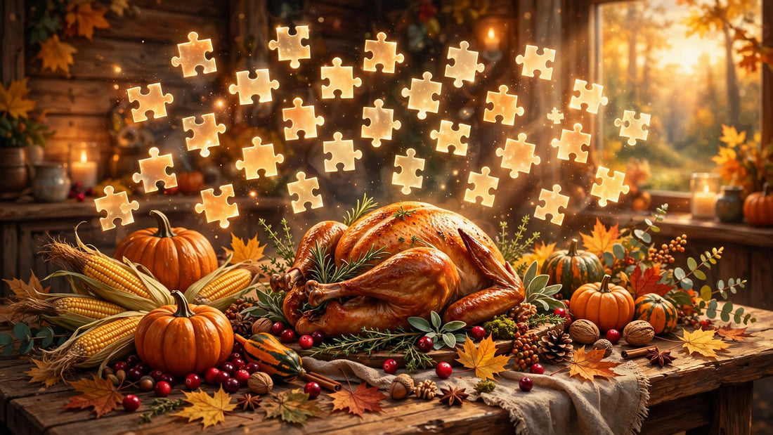 Thanksgiving harvest table with glowing puzzle pieces