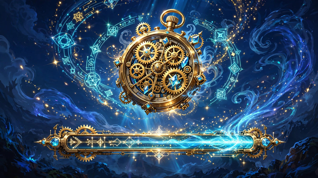 Wizard stopwatch over a glowing download progress bar
