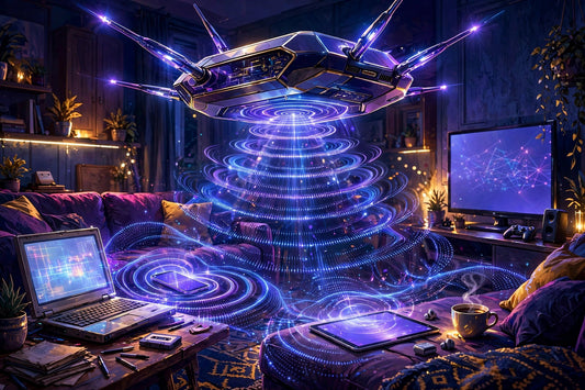 Futuristic glowing router radiating Wi-Fi signal waves over a living room full of gadgets — Wi-Fi 8 editorial illustration
