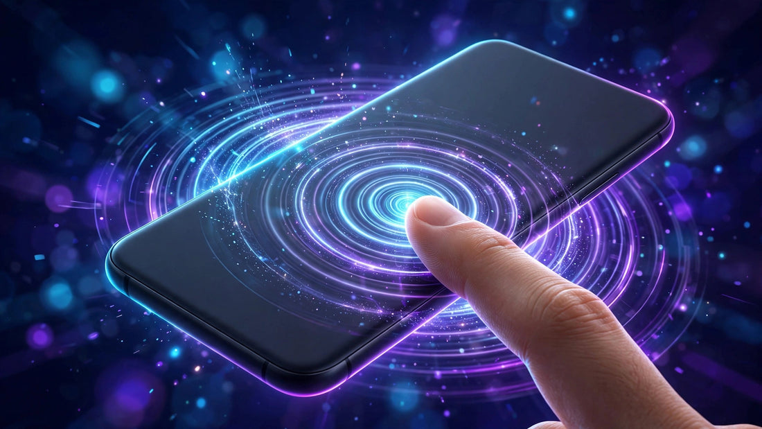 Smartphone from behind with a fingertip double-tapping the back panel, tap ripples glowing