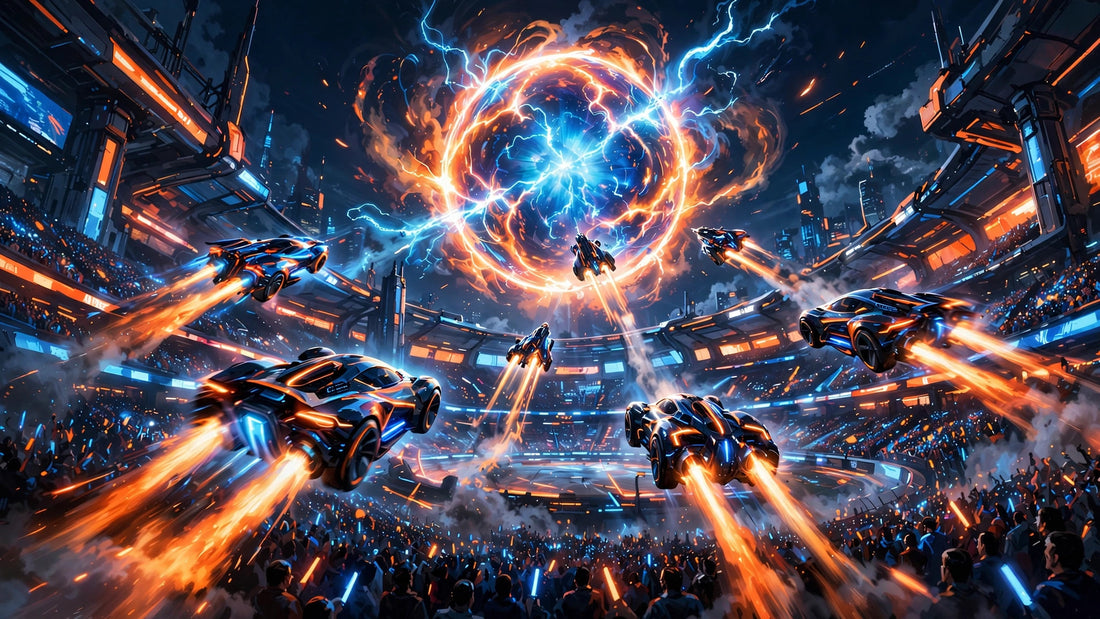 Rocket-powered cars boosting toward a glowing ball in a neon arena — Rocket League beginner guide