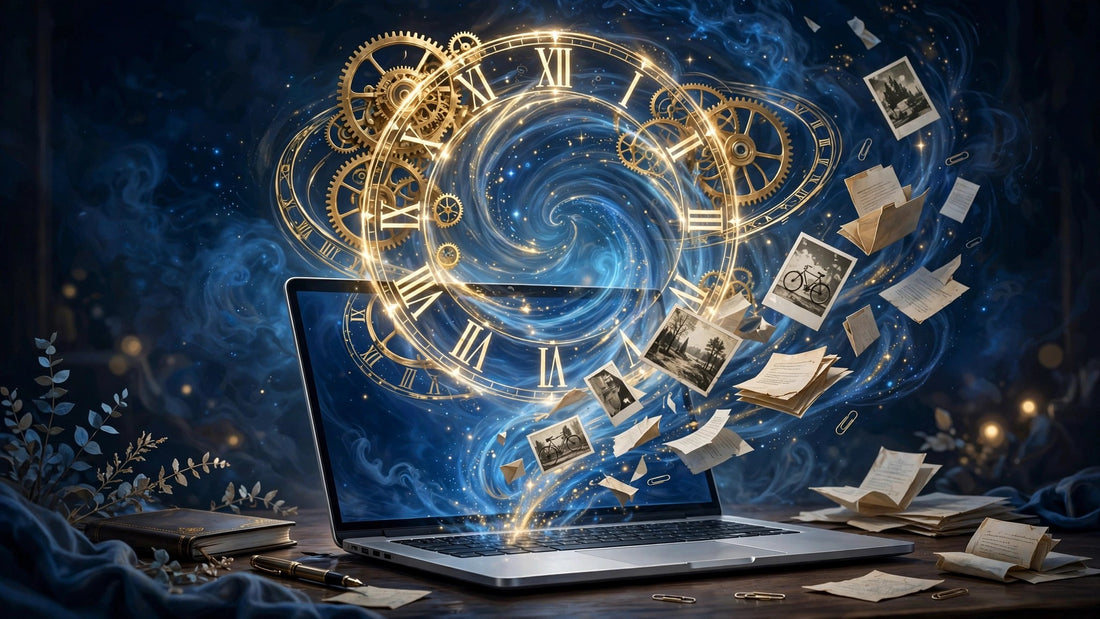 Laptop with a glowing clock portal above the screen