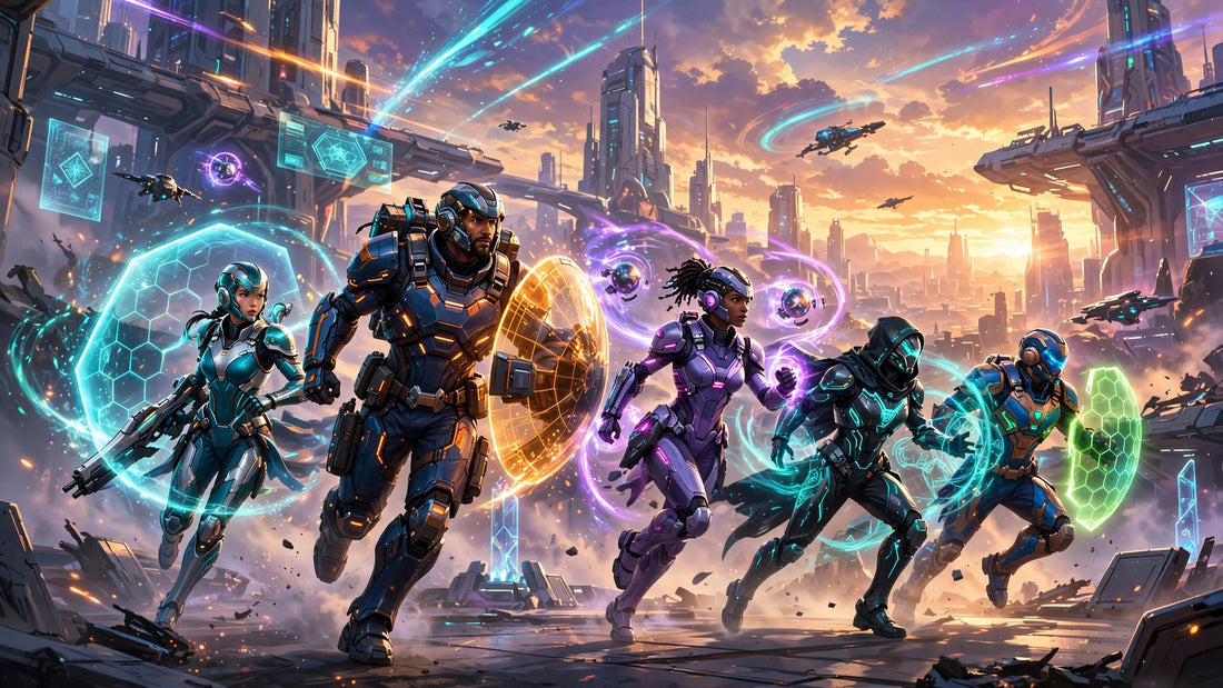 Original illustration of armored sci-fi heroes advancing through a futuristic city arena at sunset