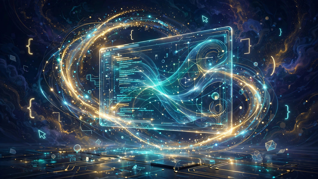 Glowing holographic AI code editor floating in a dark cosmos of golden light swirls and code brackets