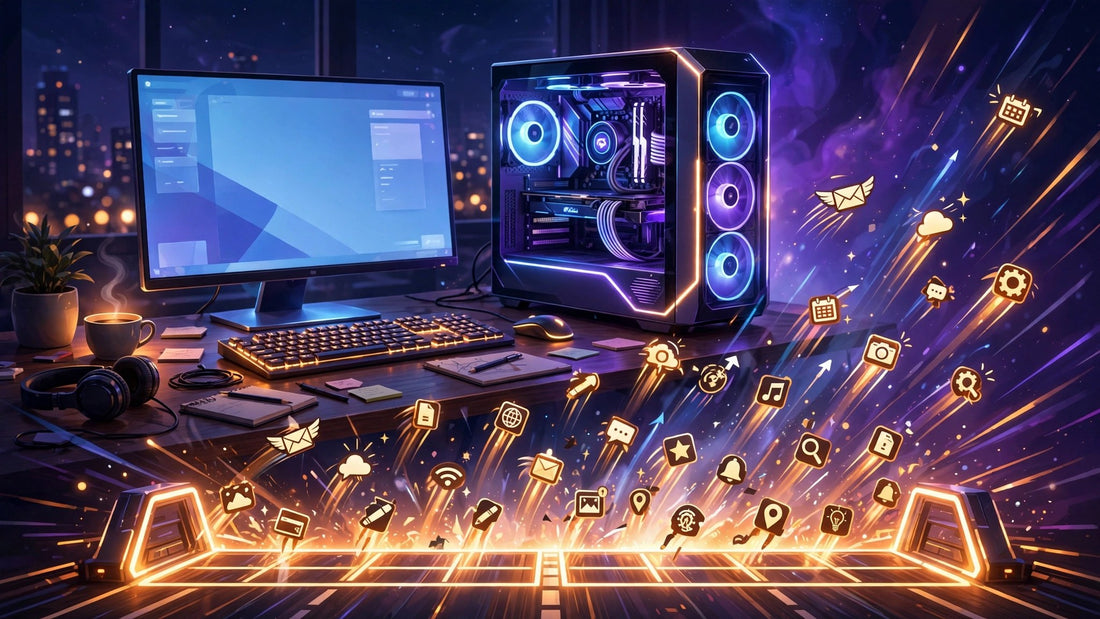Illustration of a Windows PC at night with app icons racing out of a starting gate, symbolizing startup apps