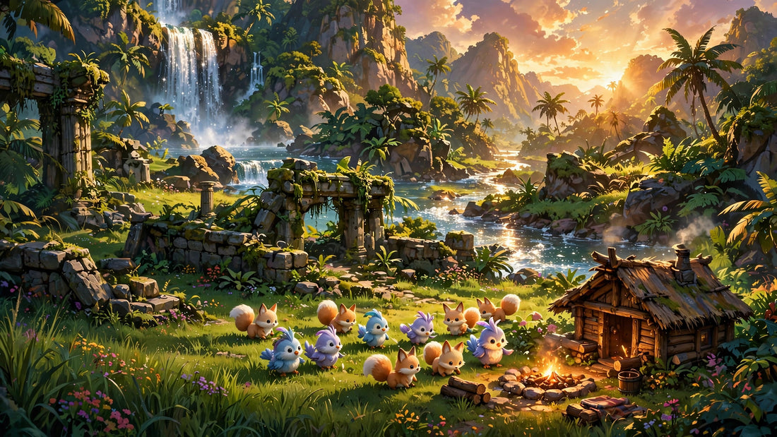 Original vibrant tropical island illustration at golden hour — waterfalls, ancient ruins, a wooden hut with campfire, and a flock of small cute fantasy creatures