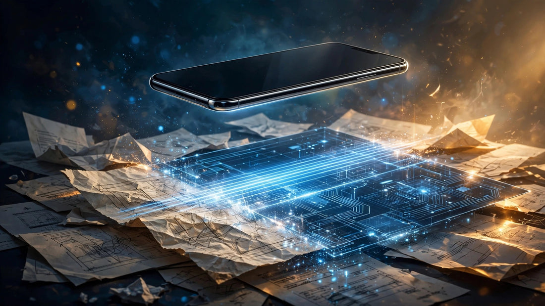 Smartphone scanning paper documents with glowing blue scan lines