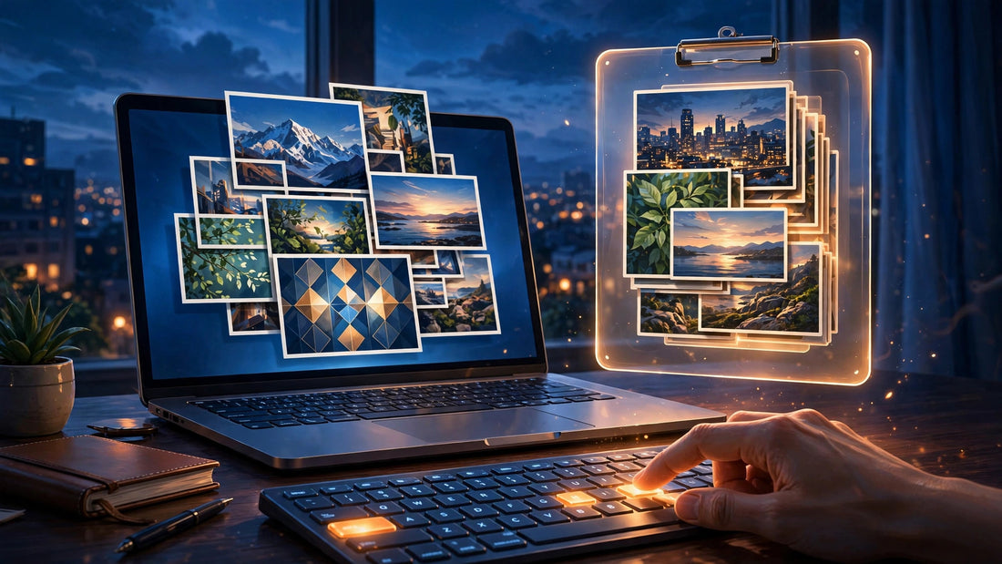 Illustration of a glowing clipboard history panel beside a laptop keyboard