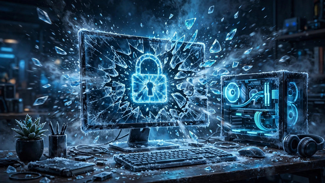 Frozen app window shattering on a PC desktop illustration