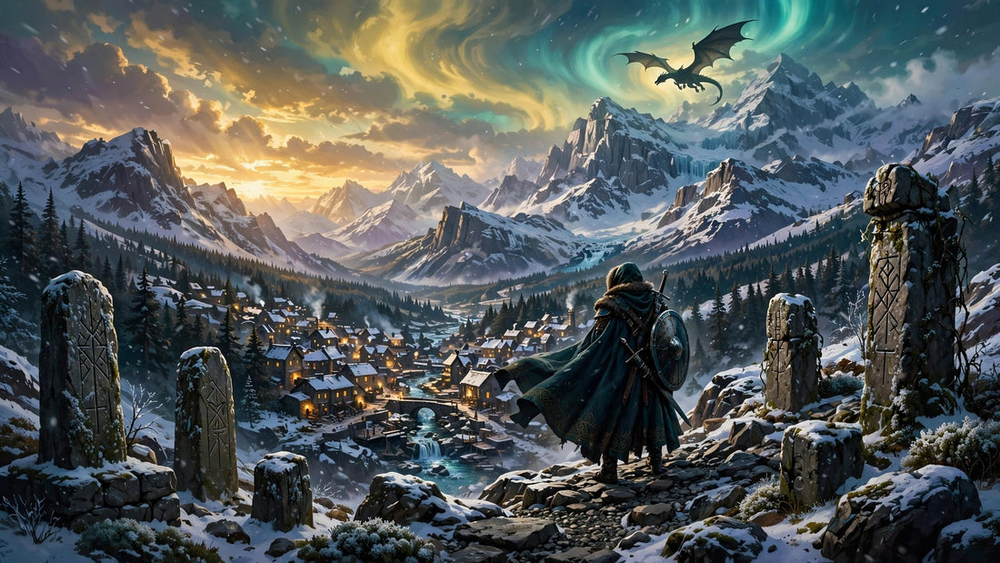 Traveler overlooking a snowy mountain realm with a dragon in the sky