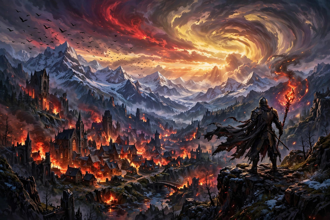 Original dark fantasy illustration of a wanderer overlooking a gothic village in Sanctuary