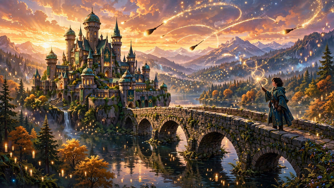 Wizard student with glowing wand overlooking a magical castle school above a lake at sunset