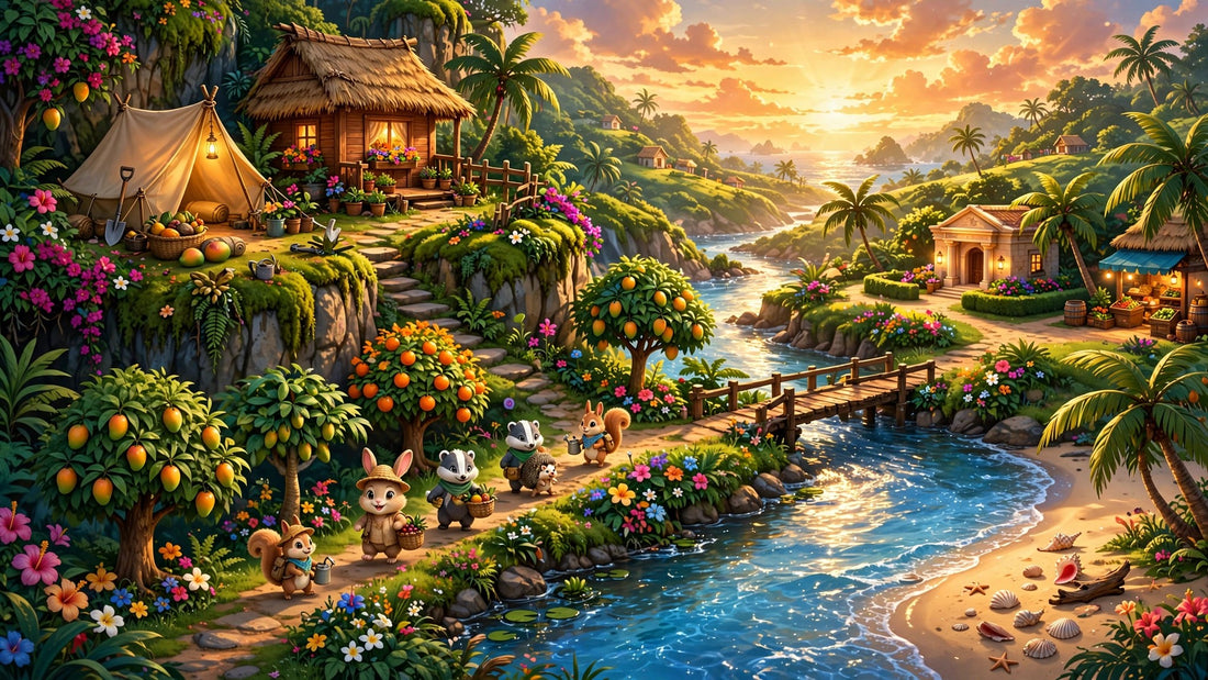 Cosy tropical island village with cottages, palm trees, flowers and a river bridge at golden hour
