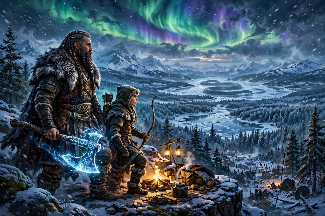 Warrior with glowing frost axe and young archer on a snowy cliff overlooking frozen lakes and aurora mountains