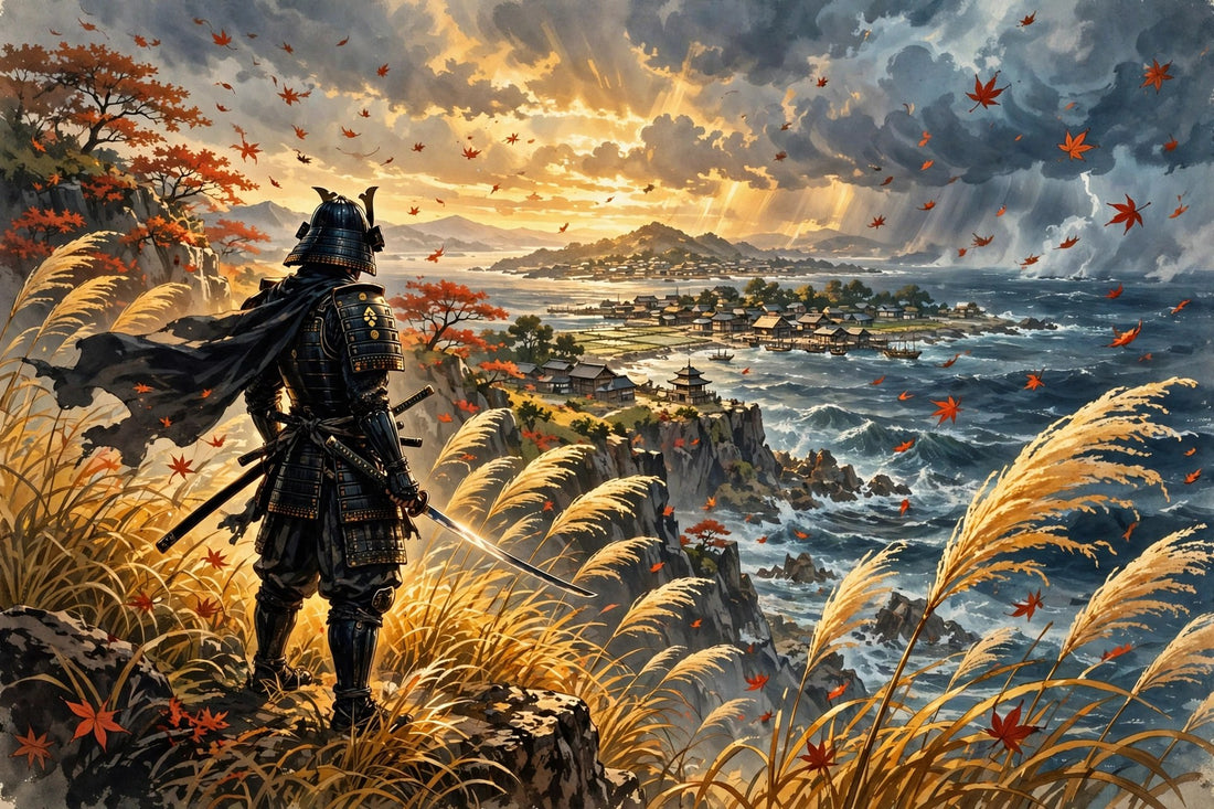 Lone samurai with katana on a windy golden grass cliff above a stormy sea, red maple leaves in the wind