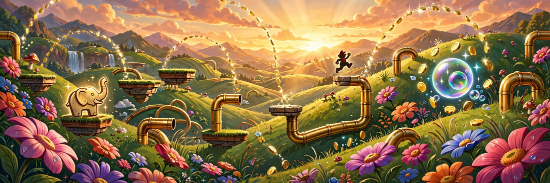 Colorful flower kingdom platformer world with rolling hills, giant flowers, twisting pipes and a leaping hero