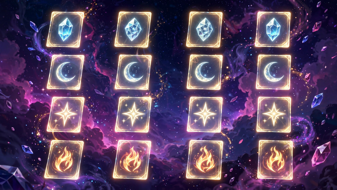 Memory Matrix glowing rune cards over a cosmic nebula illustration