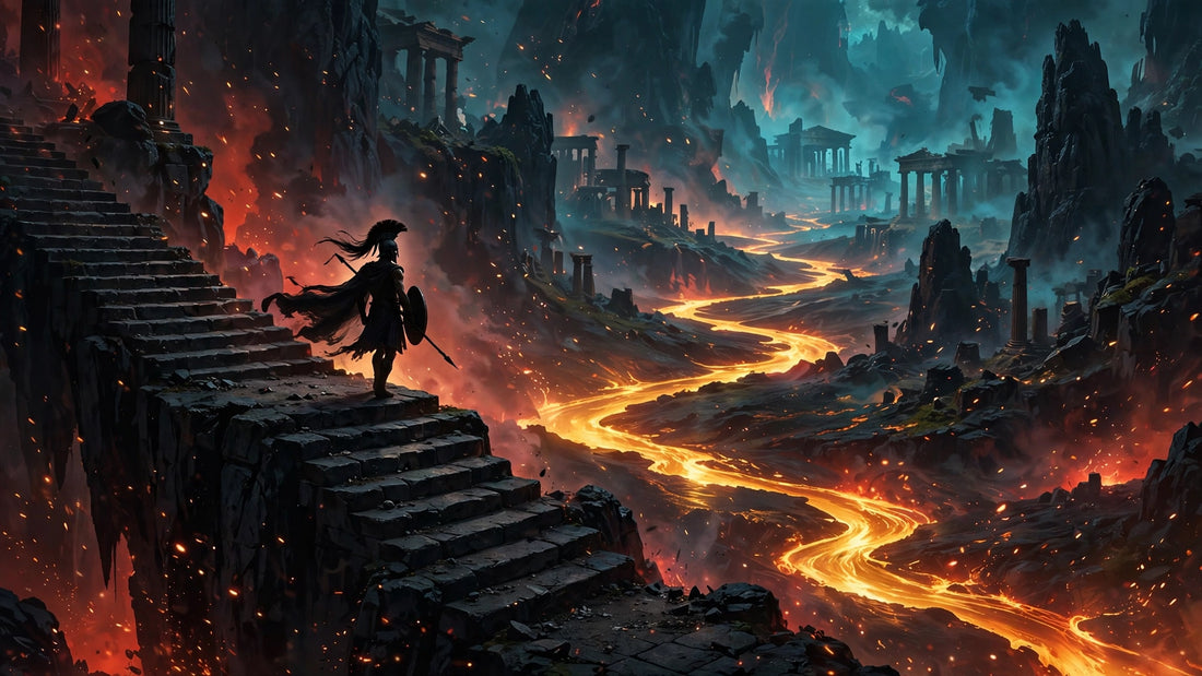 A lone warrior with spear and shield descends into the ember-lit underworld — original illustration inspired by the world of Hades
