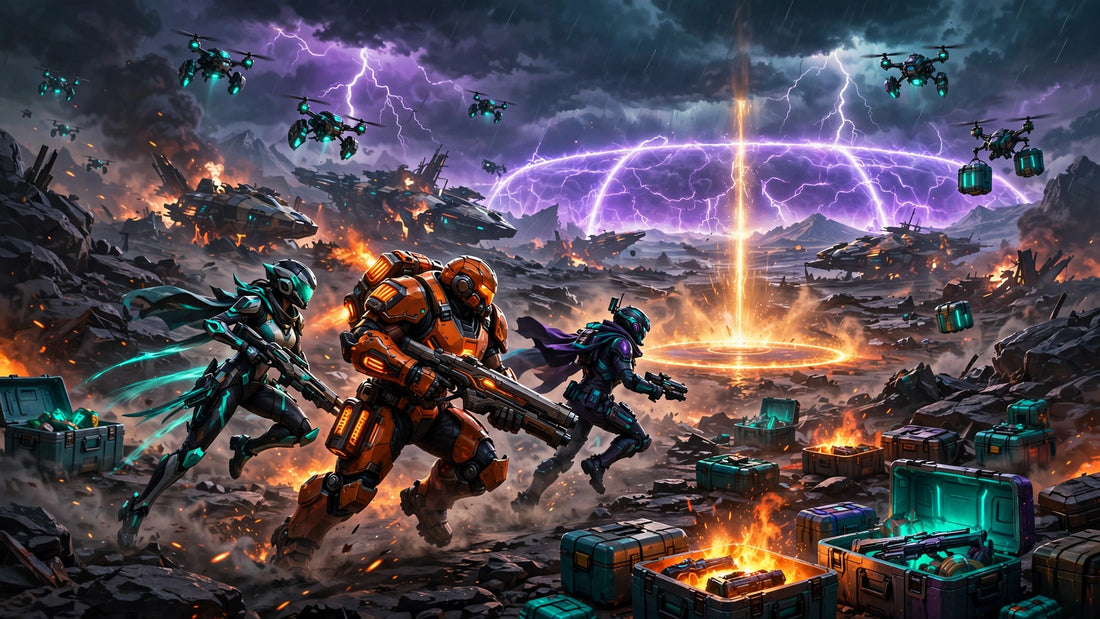 Original futuristic battle-royale arena illustration — three original armored heroes sprinting across a storm-lit battlefield with crashed dropships, hovering supply drones, glowing loot bins, and a crackling violet energy dome on the horizon