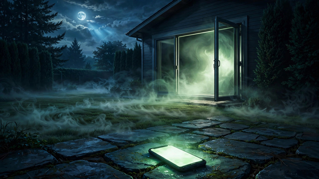 Moonlit backyard: a patio door swings open on its own while a phone glows on the stones — The Legend of Bush Man Chapters 14 and 15