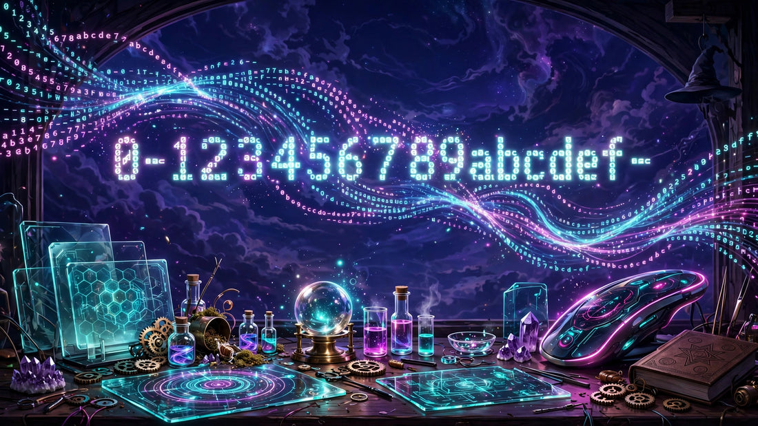 Wizard's workshop illustration with glowing hexadecimal UUID runes