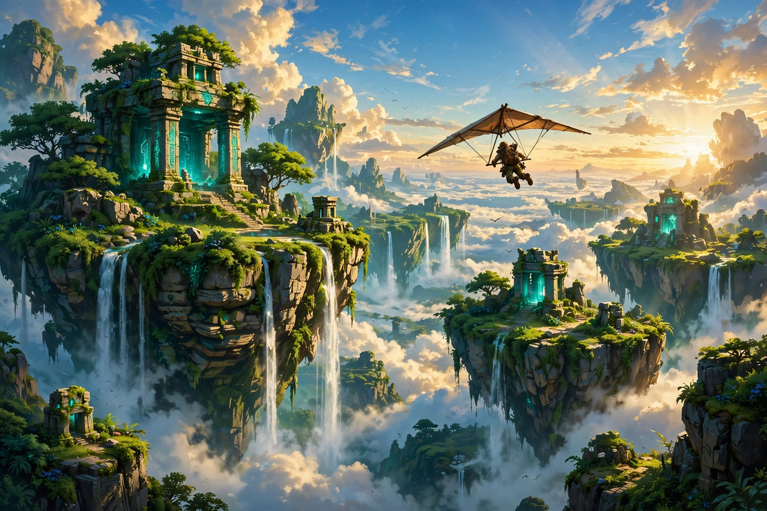 A lone explorer glides between floating islands with glowing teal shrines at golden hour — original illustration inspired by The Legend of Zelda: Tears of the Kingdom