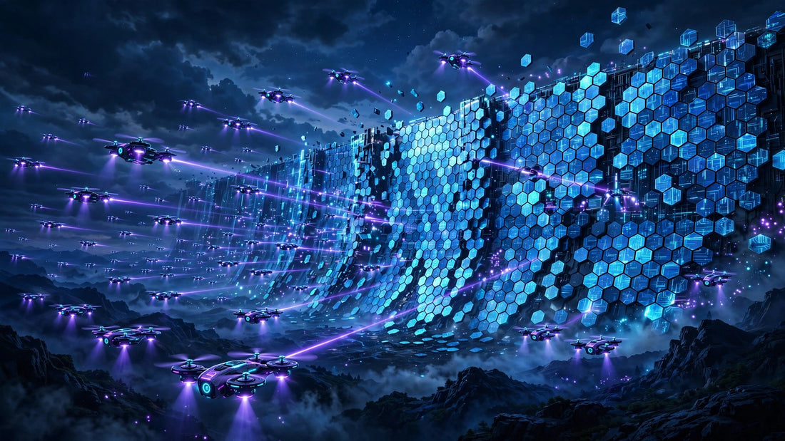 AI drone sentries scanning a glowing hexagonal security-patch fortress wall at night — illustration for the record Patch Tuesday article