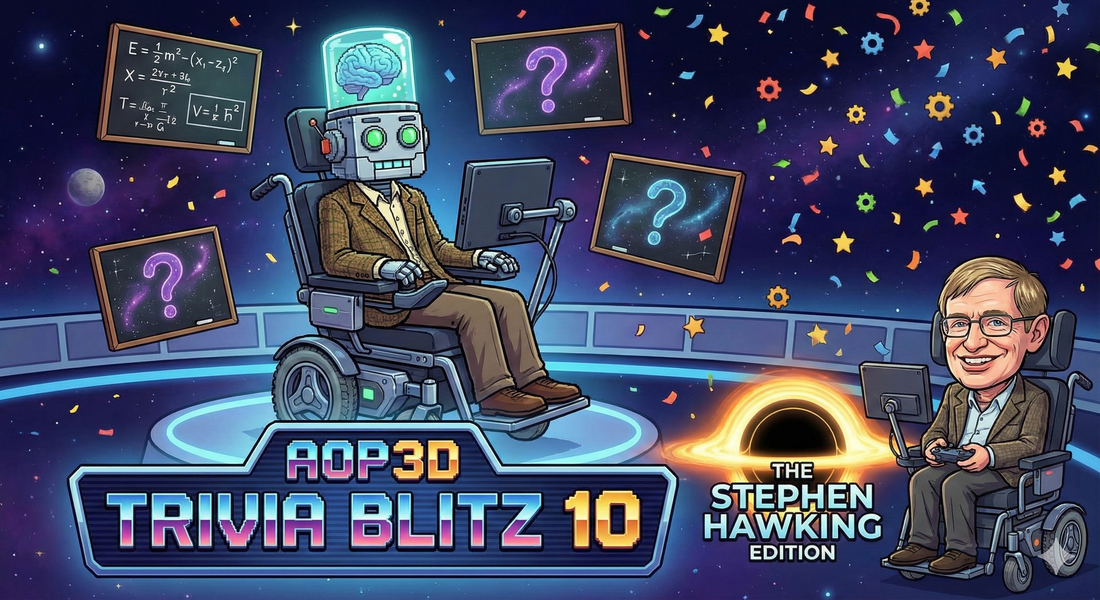 AOP3D Trivia Blitz 10: The Stephen Hawking Edition. ( Good luck. You will need a PhD for this one! )