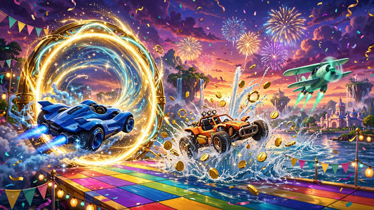 Colorful cartoon karts racing through a glowing golden travel portal with golden rings, fireworks and confetti celebrating a kart racing anniversary