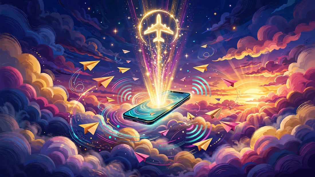 Glowing smartphone rising above sunset clouds with an airplane-mode beacon and swirling paper airplanes