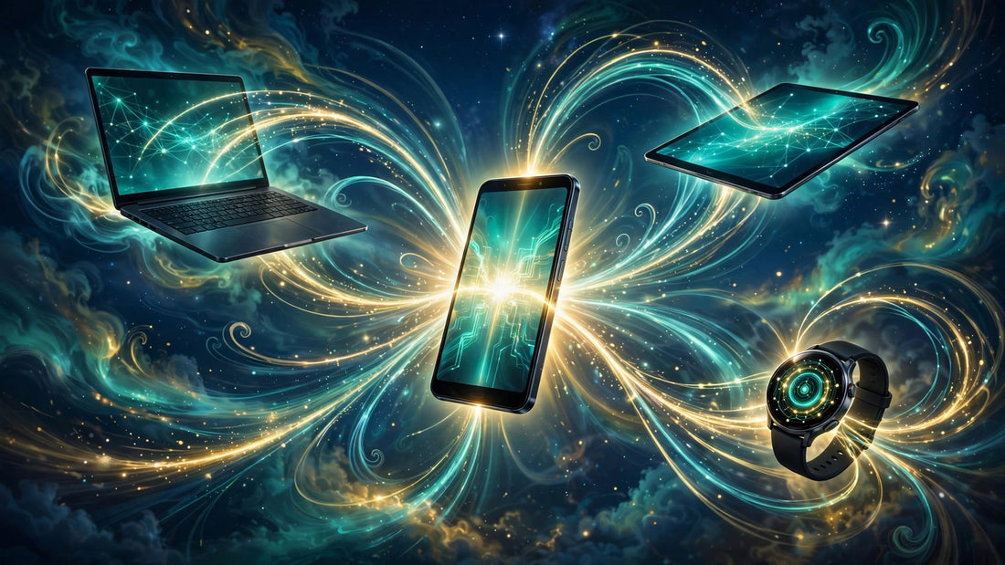 Smartphone radiating Wi-Fi signals to a laptop, tablet and smartwatch