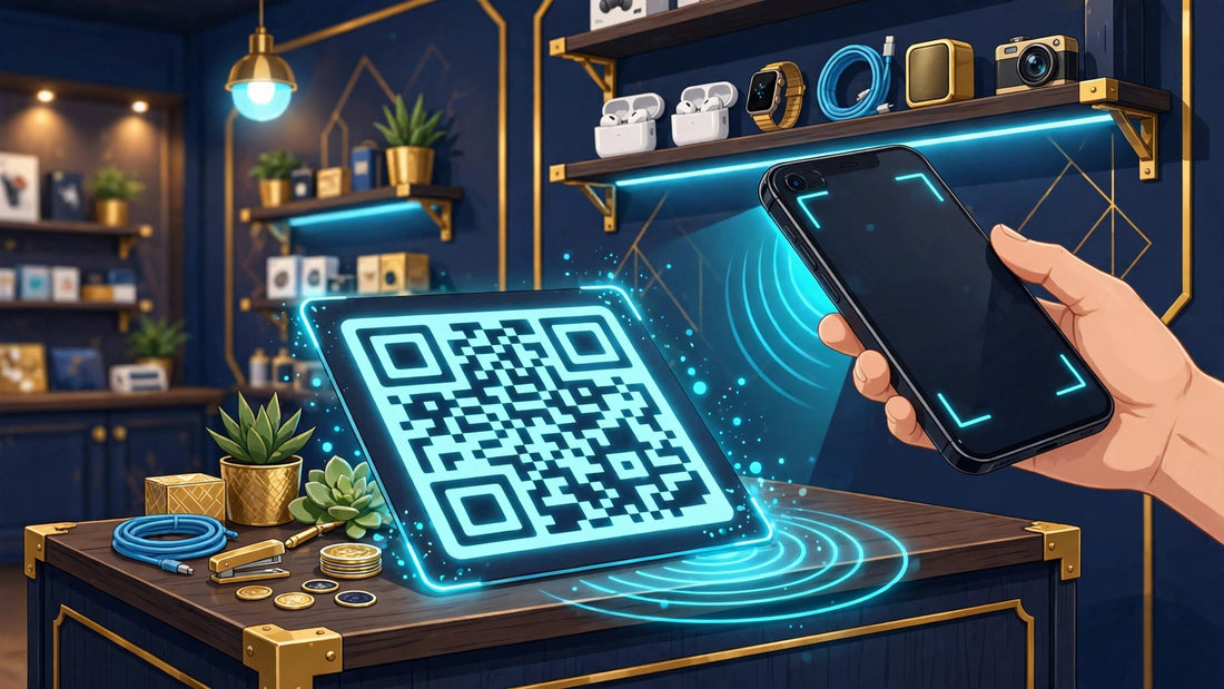 AOP3D QR Code Studio — a phone scanning a glowing QR code in a tech shop
